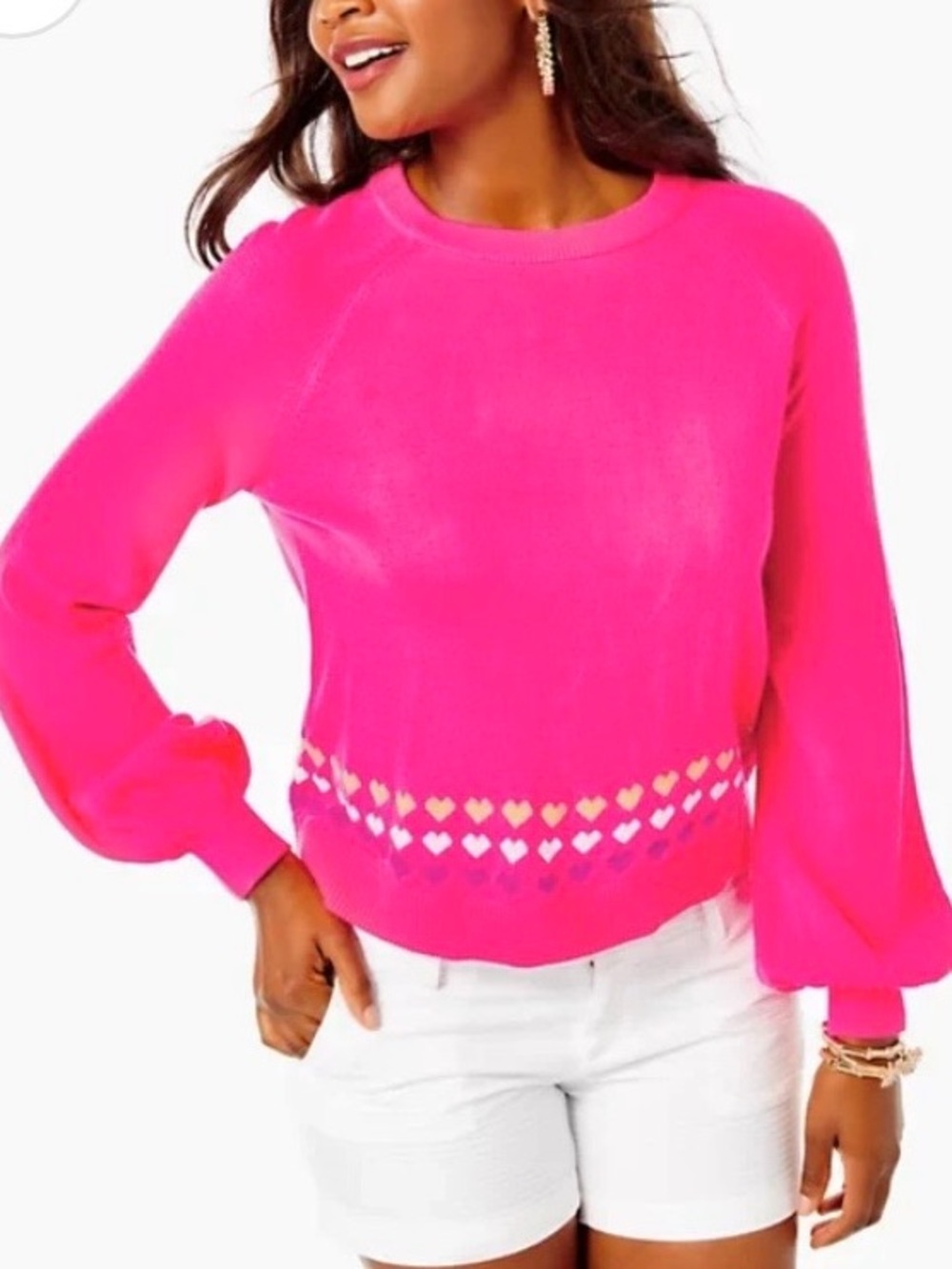 EUC Lilly Pulitzer Alyona Heart Jacquard Puff Sleeve Sweater Pink Size Medium